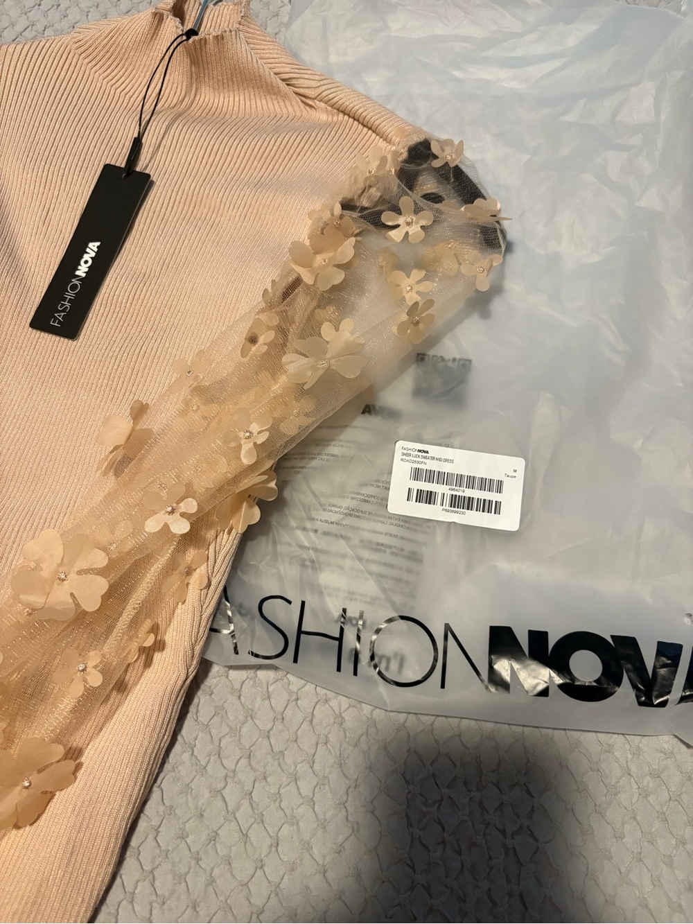 Fashion Nova Blush Floral Applique Mesh Sleeve Ribbed Dress